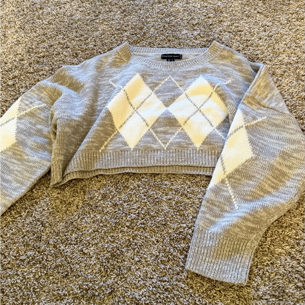 Streetwear Society Gray and Cream Argyle Sweater